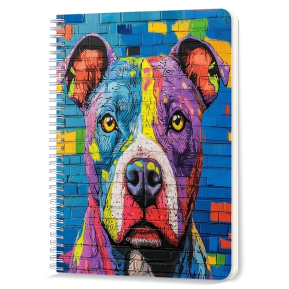Spiral Notebook,Double-Wire Spiral College Lined Journal Notebook for Study and Notes,100 Pages,5.71x 8.26 in - Colorful Mural of a Pitbull on a Brick Wall