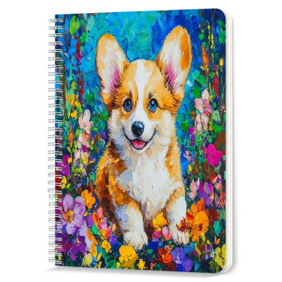 Spiral Notebook,Double-Wire Spiral College Lined Journal Notebook for Study and Notes,100 Pages,5.71x 8.26 in - Corgi Puppy in a Bed of Colorful Flowers