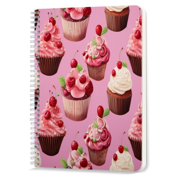 Spiral Notebook,Double-Wire Spiral College Lined Journal Notebook for Study and Notes,100 Pages,5.71x 8.26 in - Cupcakes with Cherries on a Pink Background