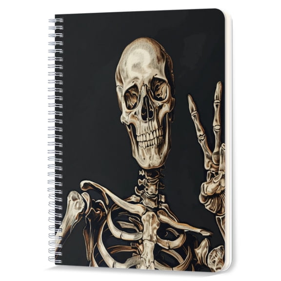 Spiral Notebook,Double-Wire Spiral College Lined Journal Notebook for Study and Notes,100 Pages,5.71x 8.26 in - Dark Canvas with a Signaling Skeletal Figure