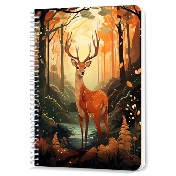 Spiral Notebook,Double-Wire Spiral College Lined Journal Notebook for Study and Notes,100 Pages,5.71x 8.26 in - Deer in an Autumn - hued Forest Landscape