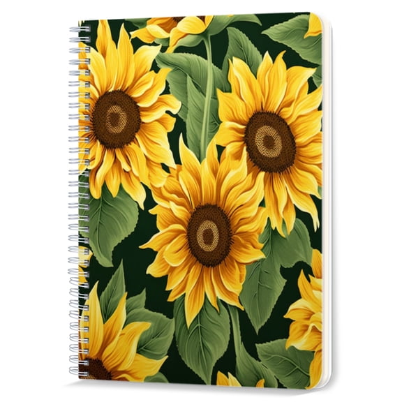 Spiral Notebook,Double-Wire Spiral College Lined Journal Notebook for Study and Notes,100 Pages,5.71x 8.26 in - Detailed Sunflower Pattern with Lush Leaves