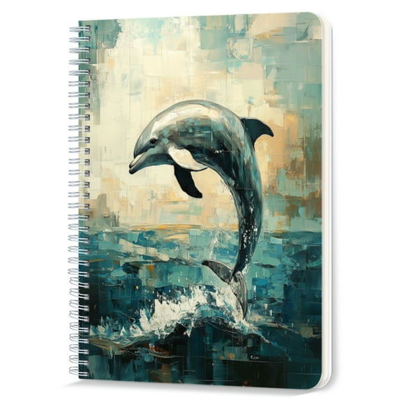 Spiral Notebook,Double-Wire Spiral College Lined Journal Notebook for Study and Notes,100 Pages,5.71x 8.26 in - Dolphin Leaping in a Block - colored Modern Painting
