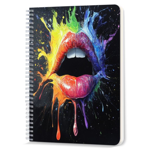 Spiral Notebook,Double-Wire Spiral College Lined Journal Notebook for Study and Notes,100 Pages,5.71x 8.26 in - A Dynamic Image of Lips with Colorful Drips