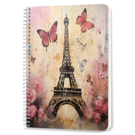 Spiral Notebook,Double-Wire Spiral College Lined Journal Notebook for Study and Notes,100 Pages,5.71x 8.26 in - Eiffel Tower with Butterflies and Roses