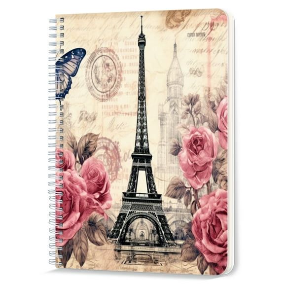 Spiral Notebook,Double-Wire Spiral College Lined Journal Notebook for Study and Notes,100 Pages,5.71x 8.26 in - Eiffel Tower with Pink Roses and a Blue Butterfly