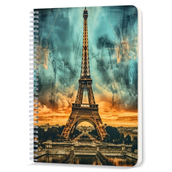 Spiral Notebook,Double-Wire Spiral College Lined Journal Notebook for Study and Notes,100 Pages,5.71x 8.26 in - Eiffel Tower at Sunset with Abstract Overlays