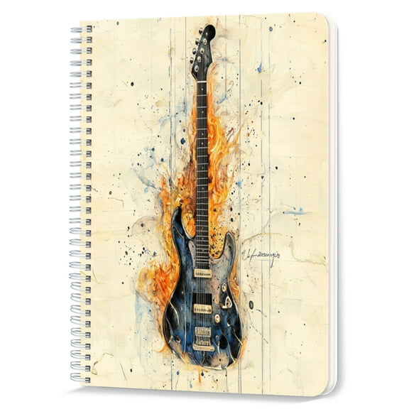 Spiral Notebook,Double-Wire Spiral College Lined Journal Notebook for Study and Notes,100 Pages,5.71x 8.26 in - Electric Guitar with Flame and Ink - splash Effects