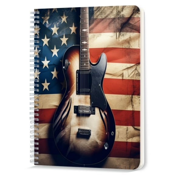 Spiral Notebook,Double-Wire Spiral College Lined Journal Notebook for Study and Notes,100 Pages,5.71x 8.26 in - Electric Guitar Against Worn - out American Flag