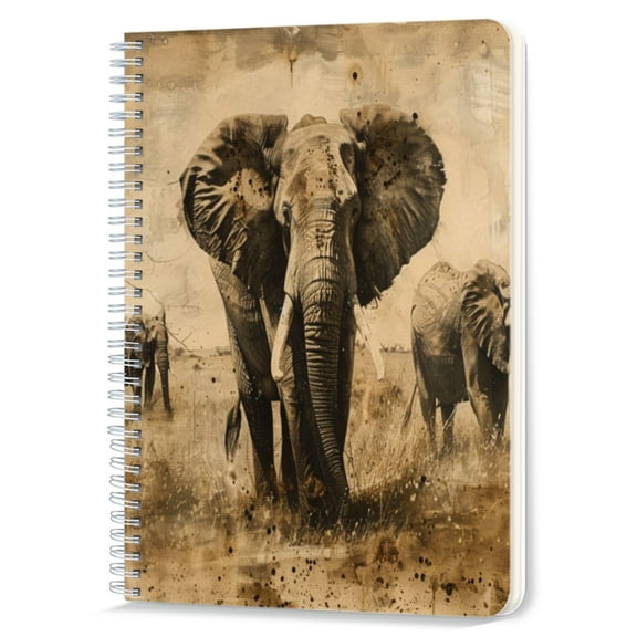 Spiral Notebook,Double-Wire Spiral College Lined Journal Notebook for Study and Notes,100 Pages,5.71x 8.26 in - Elephants in Grayscale Landscape with Artistic Splashes