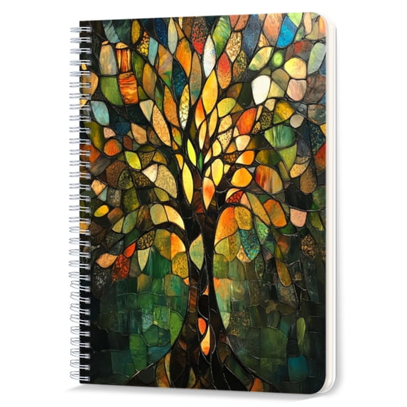 Spiral Notebook,Double-Wire Spiral College Lined Journal Notebook for Study and Notes,100 Pages,5.71x 8.26 in - The Enchanting Allure of a Tree in Stained - glass Design