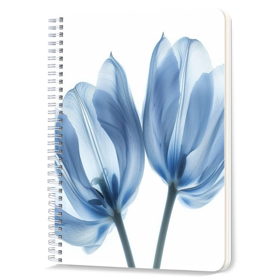 Spiral Notebook,Double-Wire Spiral College Lined Journal Notebook for Study and Notes,100 Pages,5.71x 8.26 in - Enchanting Blue Tulips Against a White Canvas