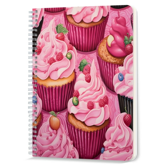 Spiral Notebook,Double-Wire Spiral College Lined Journal Notebook for Study and Notes,100 Pages,5.71x 8.26 in - Exquisite Cupcakes with Berry Toppings on Patterned Pink