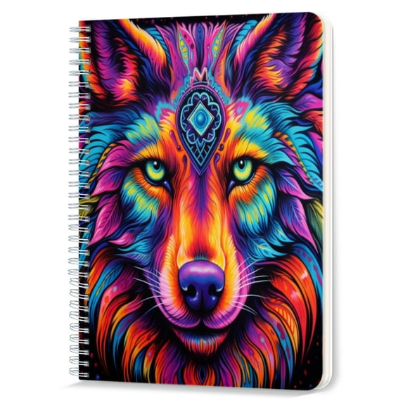 Spiral Notebook,Double-Wire Spiral College Lined Journal Notebook for Study and Notes,100 Pages,5.71x 8.26 in - Fantasy - styled Colorful Wolf Head with Symbols