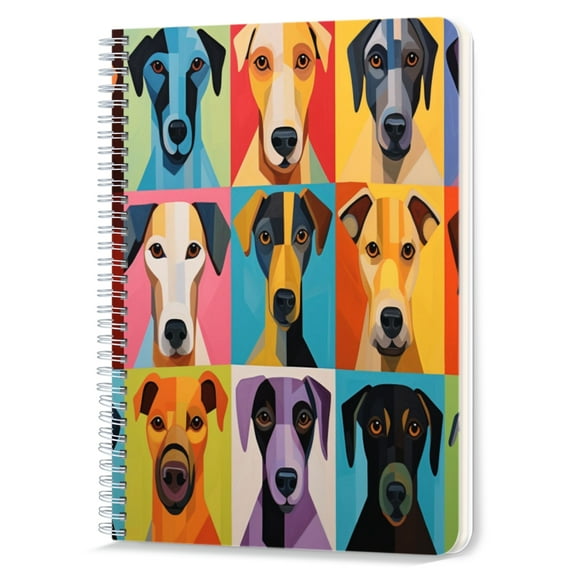 Spiral Notebook,Double-Wire Spiral College Lined Journal Notebook for Study and Notes,100 Pages,5.71x 8.26 in - Geometric - styled Pattern of Dog Heads in Vivid Colors