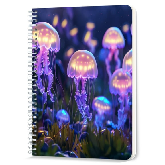 Spiral Notebook,Double-Wire Spiral College Lined Journal Notebook for Study and Notes,100 Pages,5.71x 8.26 in - Glowing Purple Jellyfish in an Underwater Realm
