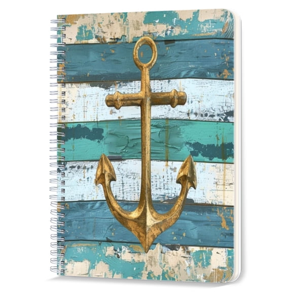 Spiral Notebook,Double-Wire Spiral College Lined Journal Notebook for Study and Notes,100 Pages,5.71x 8.26 in - Gold Anchor on Weathered - looking Wood Planks