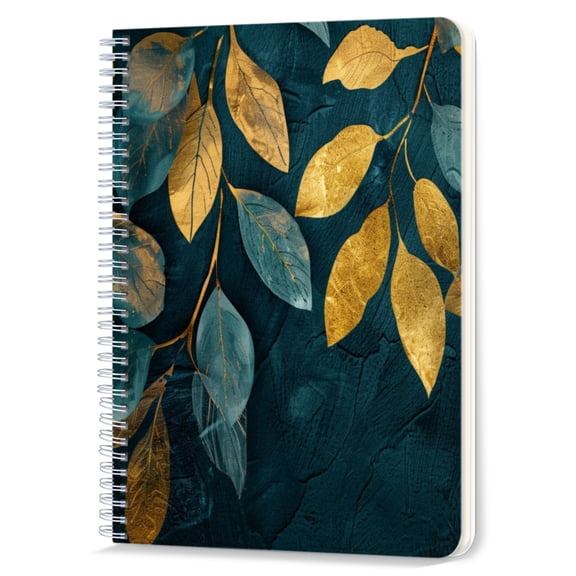 Spiral Notebook,Double-Wire Spiral College Lined Journal Notebook for Study and Notes,100 Pages,5.71x 8.26 in - Golden Leaves on a Deep Teal Textured Background