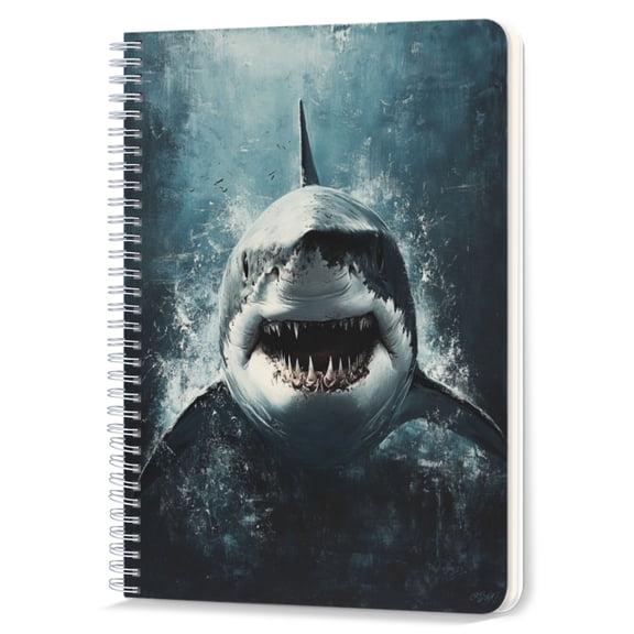 Spiral Notebook,Double-Wire Spiral College Lined Journal Notebook for Study and Notes,100 Pages,5.71x 8.26 in - Great White Shark in an Oil Painting with an Aggressive Pose