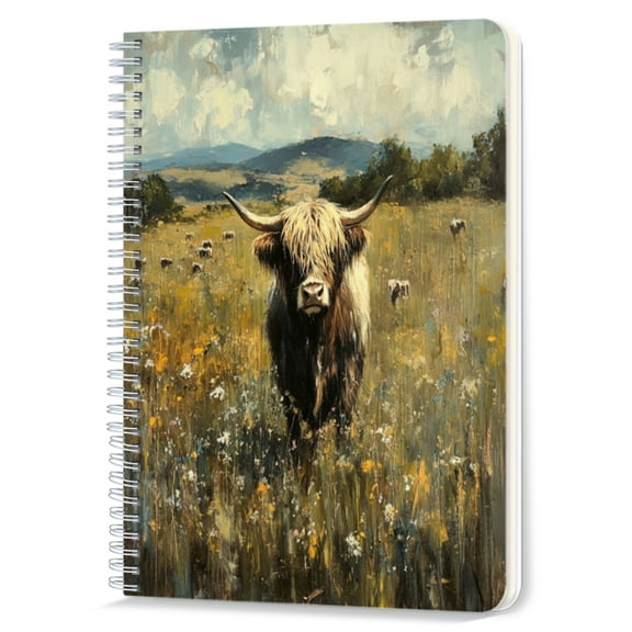 Spiral Notebook,Double-Wire Spiral College Lined Journal Notebook for Study and Notes,100 Pages,5.71x 8.26 in - Highland Cow in a Vast Meadow Landscape