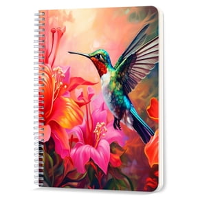 Spiral Notebook,Double-Wire Spiral College Lined Journal Notebook for Study and Notes,100 Pages,5.71x 8.26 in - Hummingbird in Flight Amongst Brightly - colored Flowers