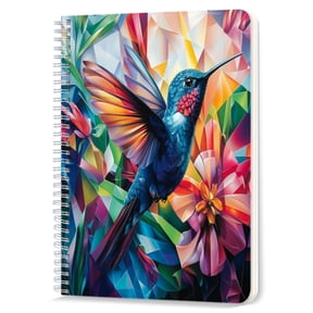 Spiral Notebook,Double-Wire Spiral College Lined Journal Notebook for Study and Notes,100 Pages,5.71x 8.26 in - Hummingbird in Flight Amongst Geometric Floral Shapes