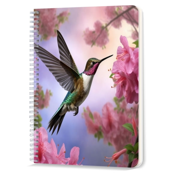 Spiral Notebook,Double-Wire Spiral College Lined Journal Notebook for Study and Notes,100 Pages,5.71x 8.26 in - Hummingbird in Flight Near Pink Blossoms