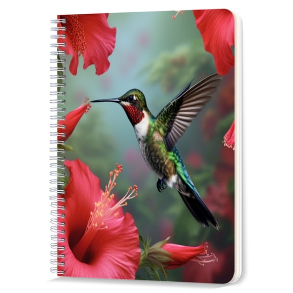 Spiral Notebook,Double-Wire Spiral College Lined Journal Notebook for Study and Notes,100 Pages,5.71x 8.26 in - Hummingbird in Flight Near Red Hibiscus Flowers