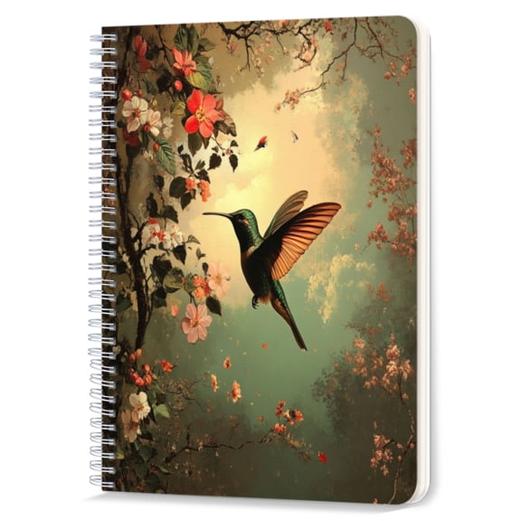 Spiral Notebook,Double-Wire Spiral College Lined Journal Notebook for Study and Notes,100 Pages,5.71x 8.26 in - Hummingbird in Flight near Colorful Blooms