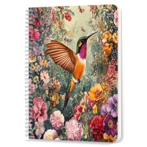 Spiral Notebook,Double-Wire Spiral College Lined Journal Notebook for Study and Notes,100 Pages,5.71x 8.26 in - Hummingbird in Flight Among Multitude of Flowers