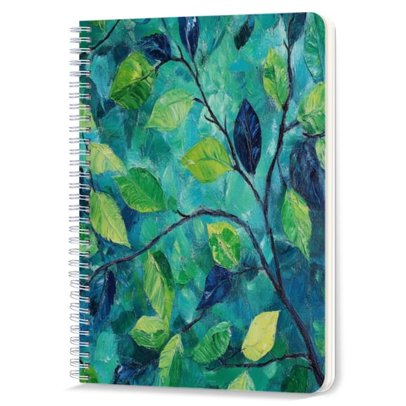 Spiral Notebook,Double-Wire Spiral College Lined Journal Notebook for Study and Notes,100 Pages,5.71x 8.26 in - Lush Leaves in Teal and Green Oil Painting