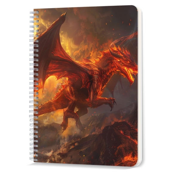 Spiral Notebook,Double-Wire Spiral College Lined Journal Notebook for Study and Notes,100 Pages,5.71x 8.26 in - Majestic Red Dragon Soaring Over a Fiery Landscape