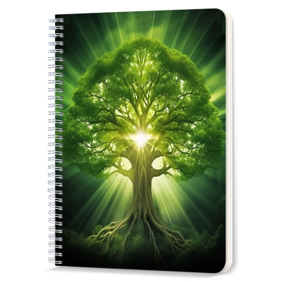 Spiral Notebook,Double-Wire Spiral College Lined Journal Notebook for Study and Notes,100 Pages,5.71x 8.26 in - Mighty Green Tree with Radiant Sunlight