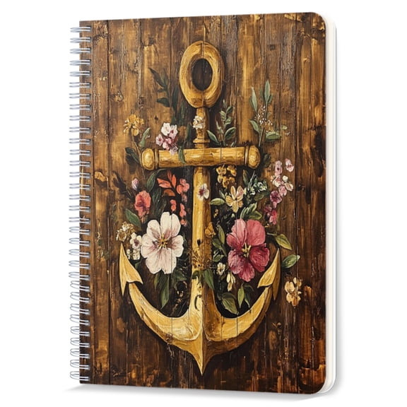 Spiral Notebook,Double-Wire Spiral College Lined Journal Notebook for Study and Notes,100 Pages,5.71x 8.26 in - The Nostalgic Allure of an Anchor in a Floral Decoration