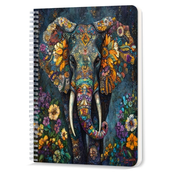 Spiral Notebook,Double-Wire Spiral College Lined Journal Notebook for Study and Notes,100 Pages,5.71x 8.26 in - Ornately Decorated Elephant amidst Flowers