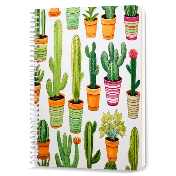Spiral Notebook,Double-Wire Spiral College Lined Journal Notebook for Study and Notes,100 Pages,5.71x 8.26 in - Pattern of Cacti and Succulents in Colorful Pots