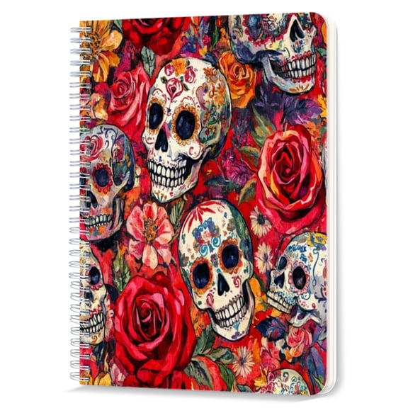 Spiral Notebook,Double-Wire Spiral College Lined Journal Notebook for Study and Notes,100 Pages,5.71x 8.26 in - Pattern with Day of the Dead Skulls and Roses