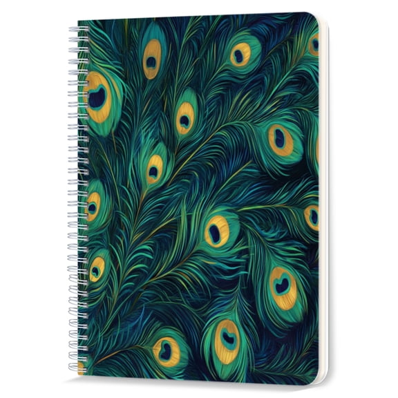 Spiral Notebook,Double-Wire Spiral College Lined Journal Notebook for Study and Notes,100 Pages,5.71x 8.26 in - Peacock Feather Pattern in Blue - green Tones