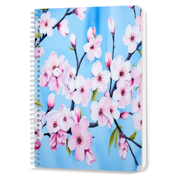 Spiral Notebook,Double-Wire Spiral College Lined Journal Notebook for Study and Notes,100 Pages,5.71x 8.26 in - Pink Cherry Blossoms on Branches Against Blue Sky
