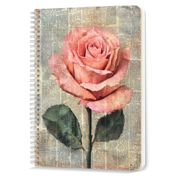 Spiral Notebook,Double-Wire Spiral College Lined Journal Notebook for Study and Notes,100 Pages,5.71x 8.26 in - Pink Rose on a Newspaper - background Collage