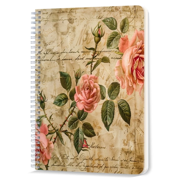 Spiral Notebook,Double-Wire Spiral College Lined Journal Notebook for Study and Notes,100 Pages,5.71x 8.26 in - Pink Roses Overlaying Handwritten Script