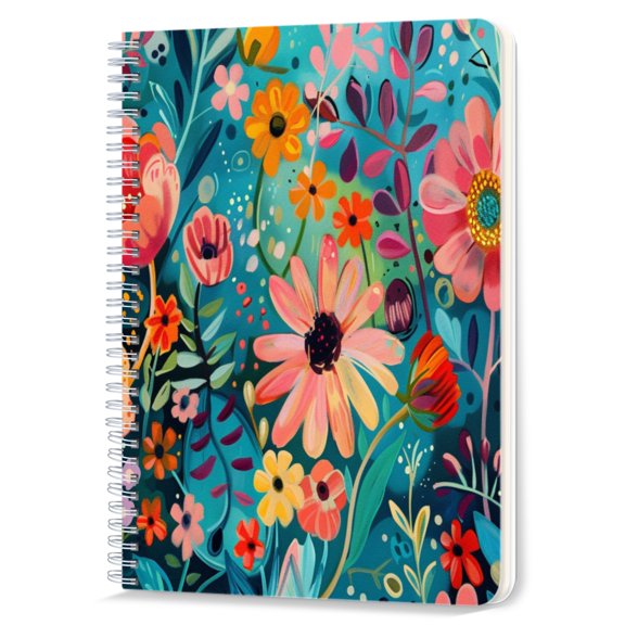 Spiral Notebook,Double-Wire Spiral College Lined Journal Notebook for Study and Notes,100 Pages,5.71x 8.26 in - Playful Flowers on a Dark Blue - green Background