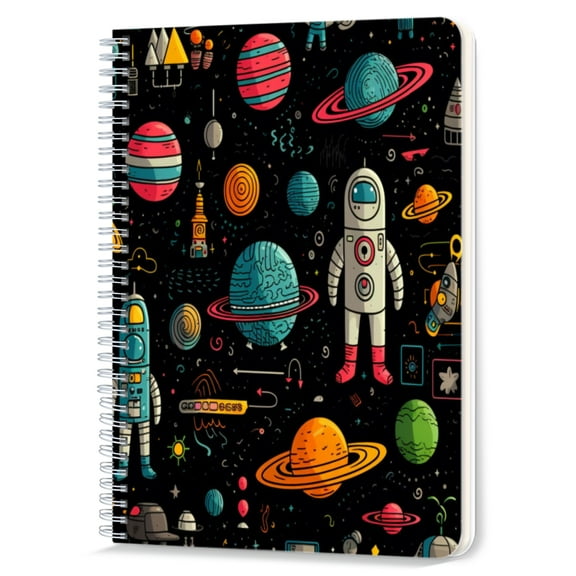 Spiral Notebook,Double-Wire Spiral College Lined Journal Notebook for Study and Notes,100 Pages,5.71x 8.26 in - Playful Space - themed Illustration with Astronauts and Planets