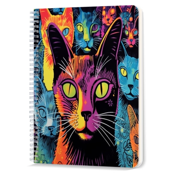 Spiral Notebook,Double-Wire Spiral College Lined Journal Notebook for Study and Notes,100 Pages,5.71x 8.26 in - Pop - art Style Cat Image with Colorful Companions