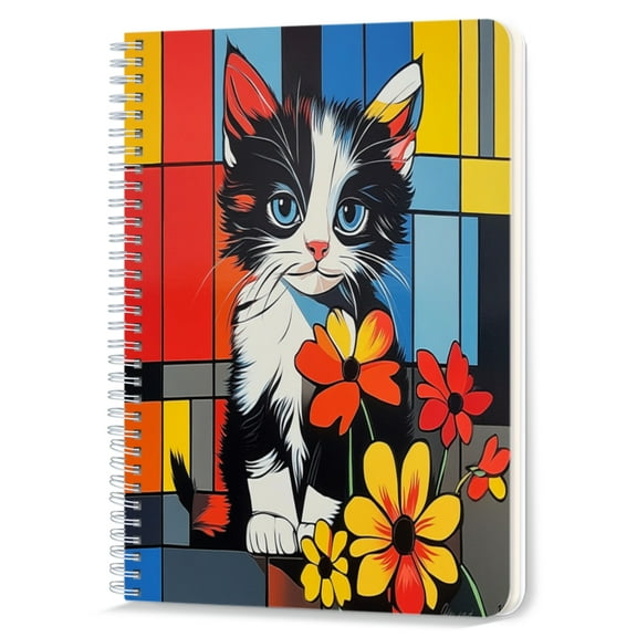 Spiral Notebook,Double-Wire Spiral College Lined Journal Notebook for Study and Notes,100 Pages,5.71x 8.26 in - Pop - art Style Kitten with Colorful Squares and Flowers