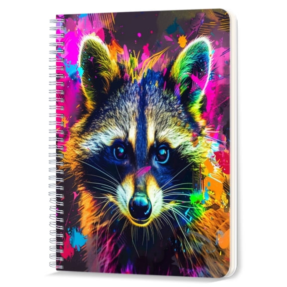 Spiral Notebook,Double-Wire Spiral College Lined Journal Notebook for Study and Notes,100 Pages,5.71x 8.26 in - Raccoon's Mysterious Gaze in a Splash - paint Design