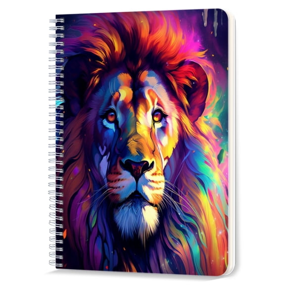 Spiral Notebook,Double-Wire Spiral College Lined Journal Notebook for Study and Notes,100 Pages,5.71x 8.26 in - Rainbow - colored Lion Head in a Nebula Background