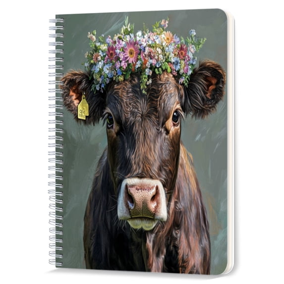 Spiral Notebook,Double-Wire Spiral College Lined Journal Notebook for Study and Notes,100 Pages,5.71x 8.26 in - Realistic Portrait of a Brown Cow with a Flower Wreath