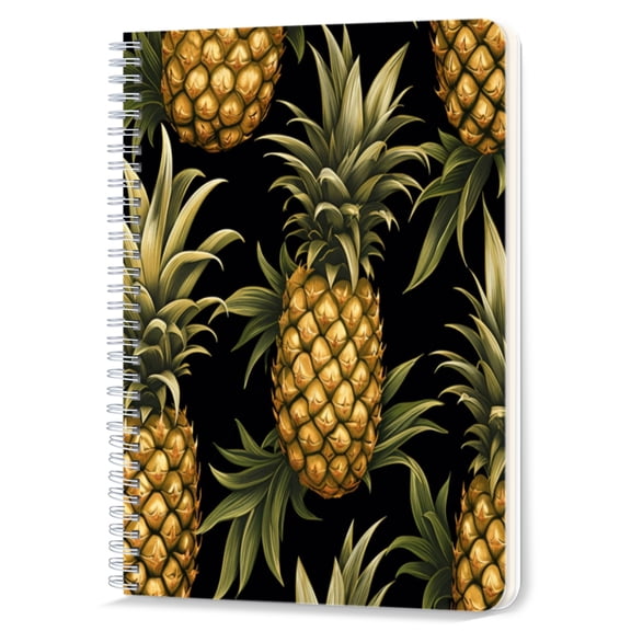 Spiral Notebook,Double-Wire Spiral College Lined Journal Notebook for Study and Notes,100 Pages,5.71x 8.26 in - Regular Pineapple and Leaf Pattern on Black