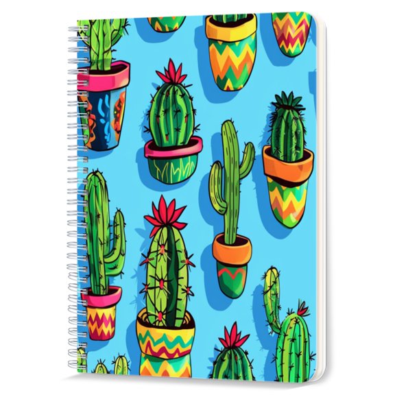 Spiral Notebook,Double-Wire Spiral College Lined Journal Notebook for Study and Notes,100 Pages,5.71x 8.26 in - Repeating Pattern of Colorful Cacti in Pots